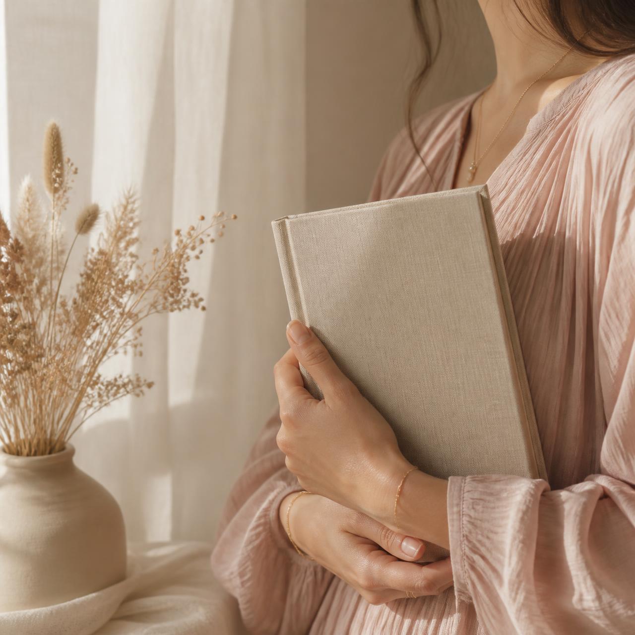 Vrouw in poederroze jurk houdt een linnen boek vast bij zacht raamlicht