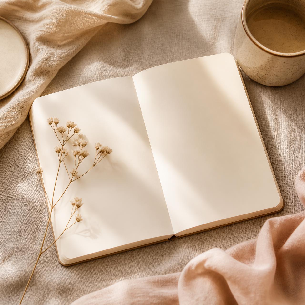Open notitieboek met gedroogd bloemtakje in warm ochtendlicht
