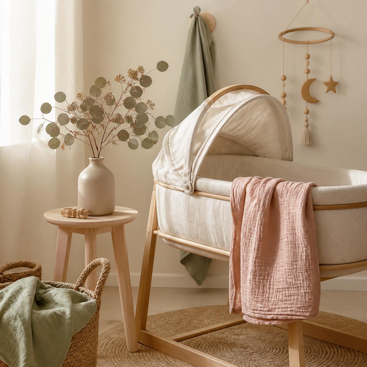 Zachte, neutrale babykamer met linnen wieg en gedroogde eucalyptus